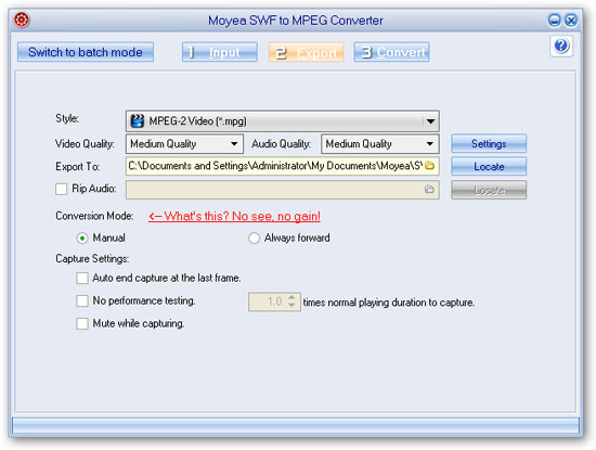 Export settings in batch mode - flash to mepg converter